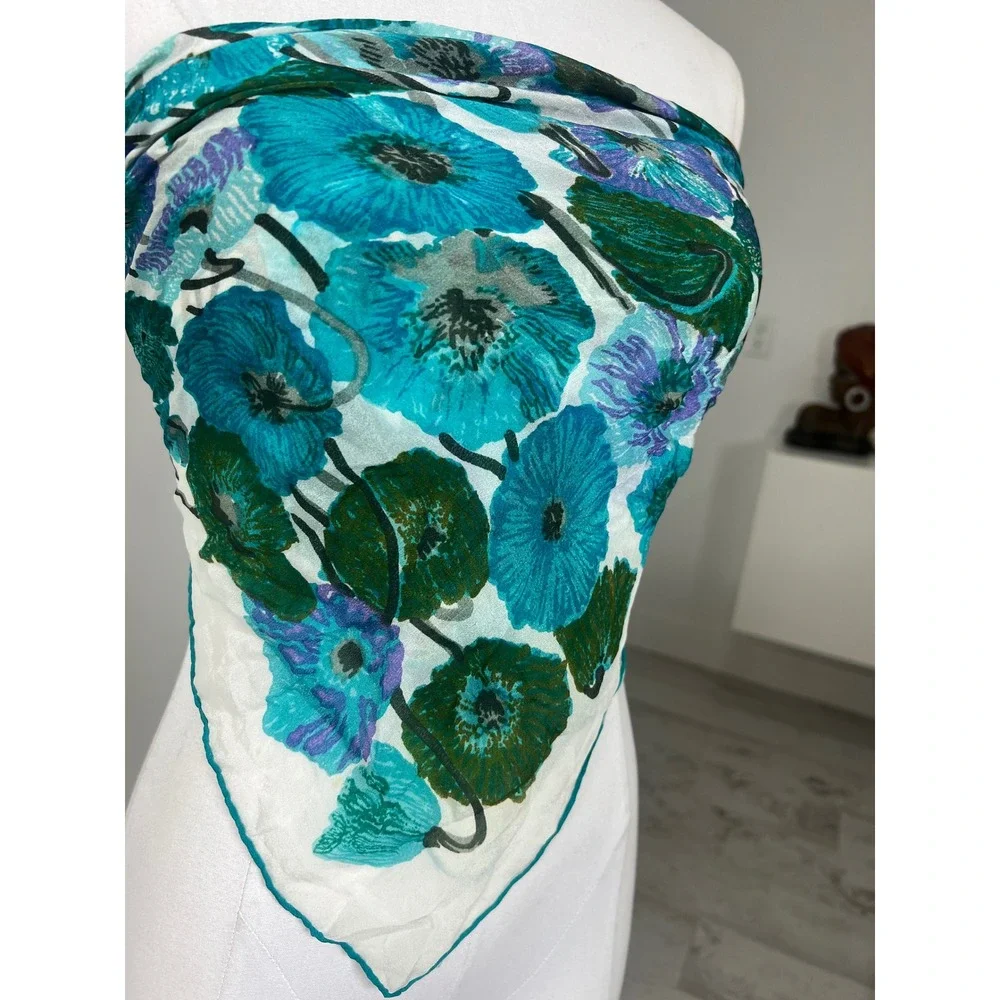 Vintage Silk Scarf Teal Purple Floral Poppy Hand Rolled Edges Square Large